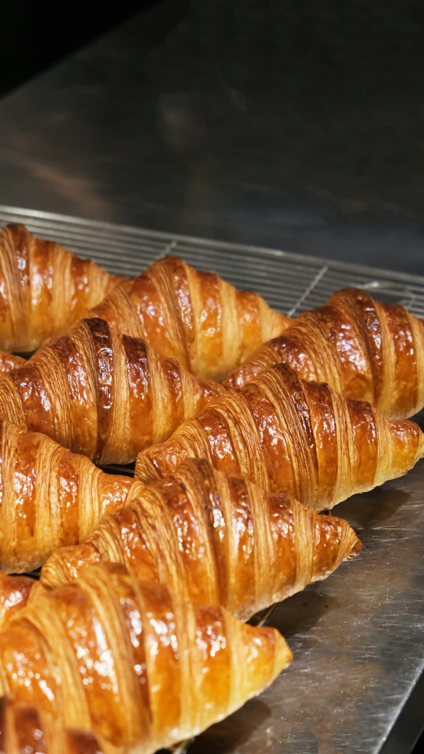 Freshly baked croissants on a tray